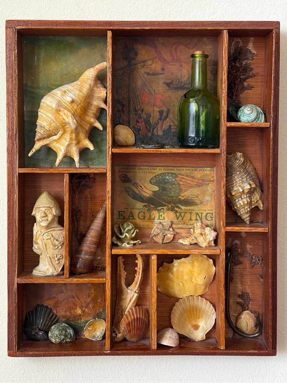 Vintage Wood Curio 3D Seashell Art Nautical Wall Decor Antique Beach House